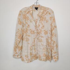 Rafaella 100% Linen Floral Button-Down Shirt Blouse Size 16 Bohemian Summer